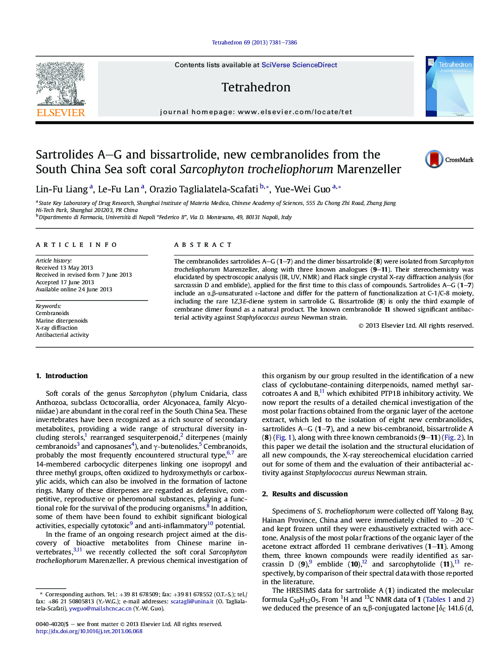 Sartrolides A–G and bissartrolide, new cembranolides from the South China Sea soft coral Sarcophyton trocheliophorum Marenzeller