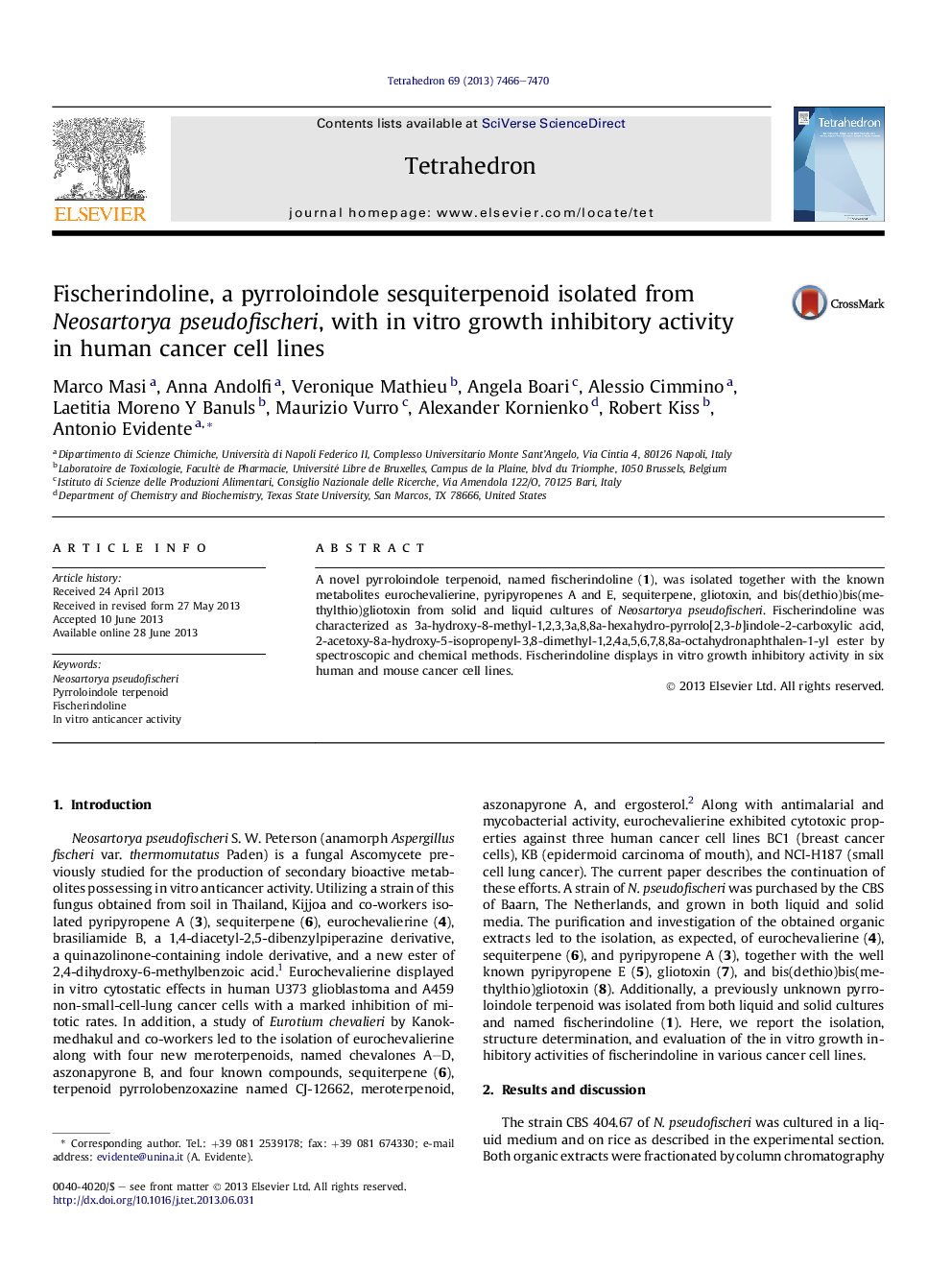 Fischerindoline, a pyrroloindole sesquiterpenoid isolated from Neosartorya pseudofischeri, with inÂ vitro growth inhibitory activity inÂ human cancer cell lines