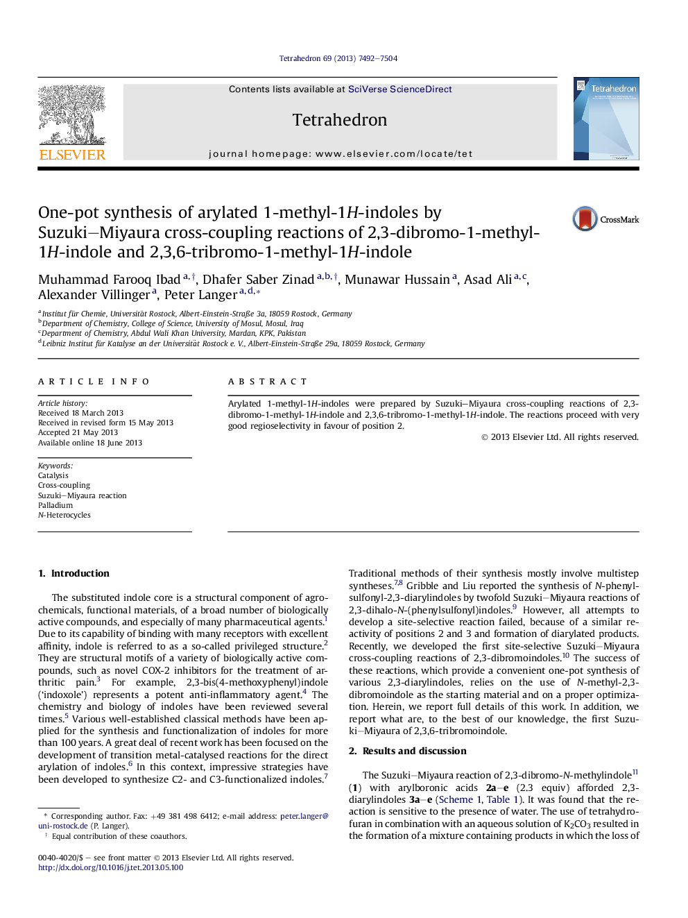 One-pot synthesis of arylated 1-methyl-1H-indoles by Suzuki–Miyaura cross-coupling reactions of 2,3-dibromo-1-methyl-1H-indole and 2,3,6-tribromo-1-methyl-1H-indole