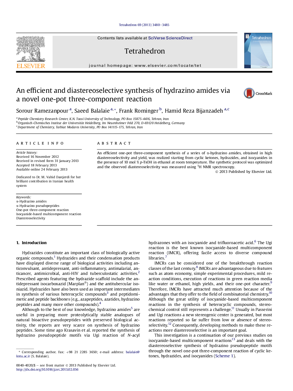 An efficient and diastereoselective synthesis of hydrazino amides via a novel one-pot three-component reaction