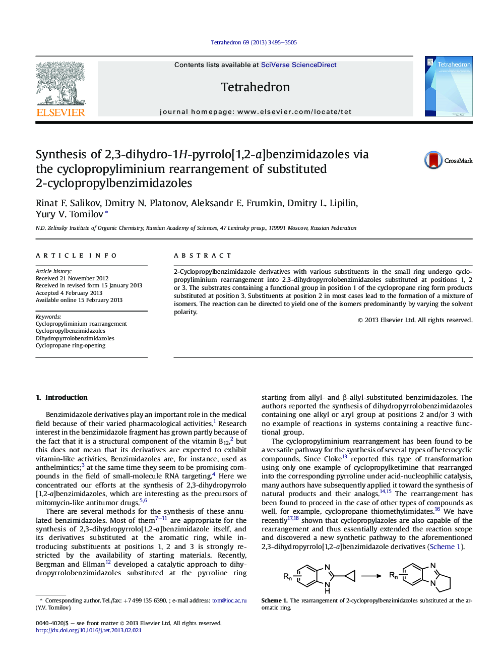 Synthesis of 2,3-dihydro-1H-pyrrolo[1,2-a]benzimidazoles via the cyclopropyliminium rearrangement of substituted 2-cyclopropylbenzimidazoles