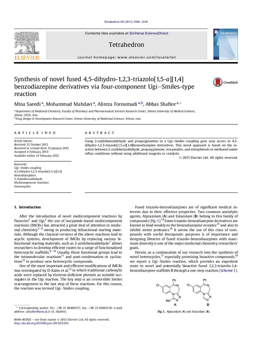 Synthesis of novel fused 4,5-dihydro-1,2,3-triazolo[1,5-a][1,4]benzodiazepine derivatives via four-component Ugi-Smiles-type reaction