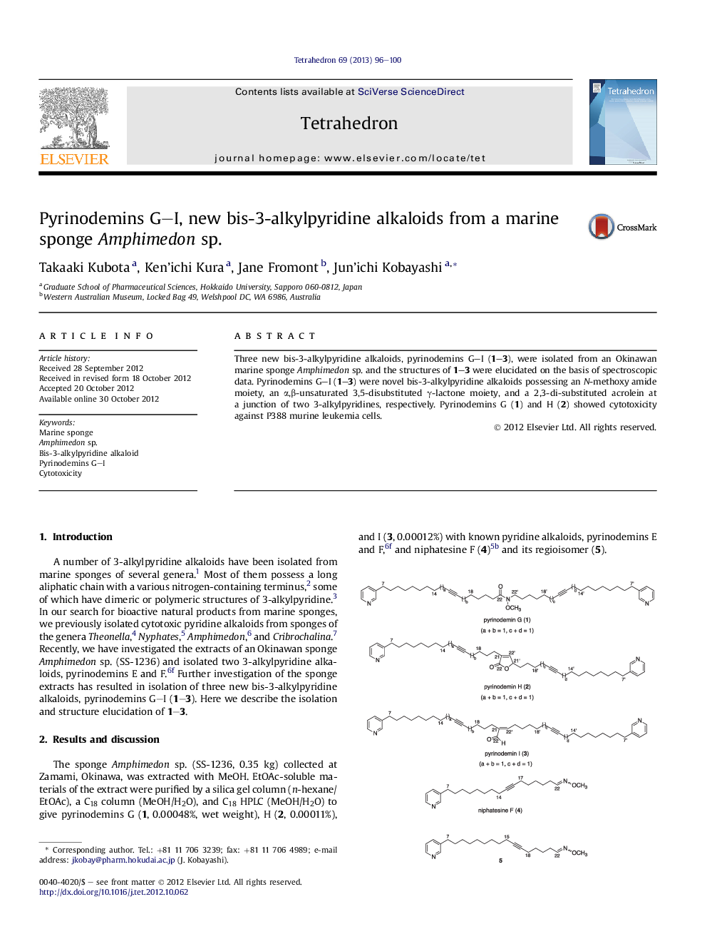 Pyrinodemins G-I, new bis-3-alkylpyridine alkaloids from a marine sponge Amphimedon sp.