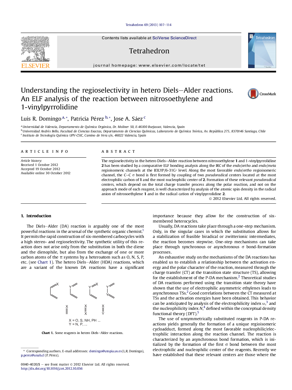 عکس صفحه اول مقاله: Understanding the regioselectivity in hetero Diels-Alder reactions. An ELF analysis of the reaction between nitrosoethylene and 1-vinylpyrrolidine Understanding the regioselectivity in hetero Diels-Alder reactions. An ELF analysis of the reaction between nitrosoethylene and 1-vinylpyrrolidine
