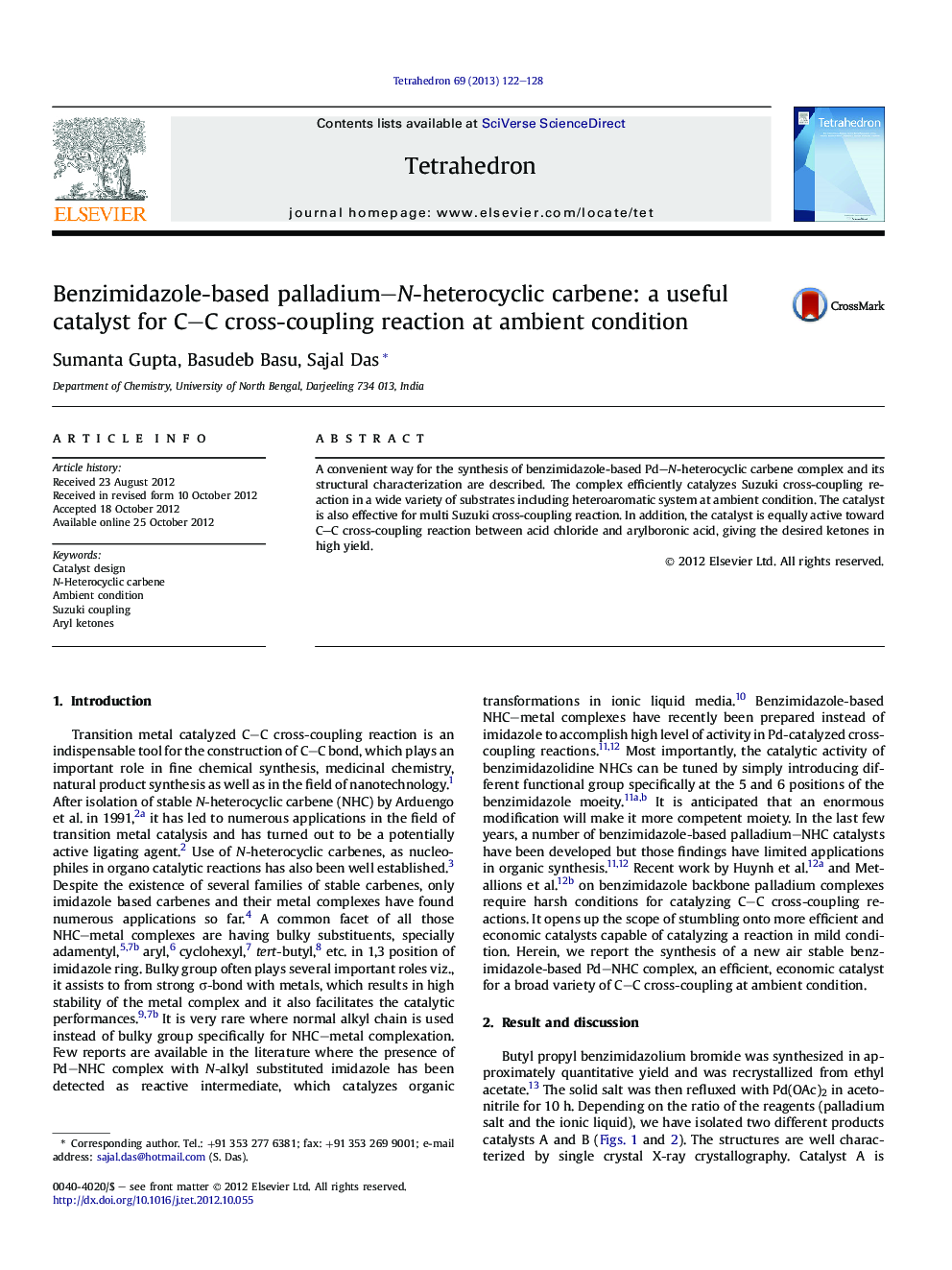Benzimidazole-based palladium–N-heterocyclic carbene: a useful catalyst for C–C cross-coupling reaction at ambient condition