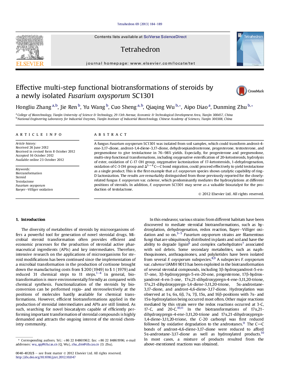 Effective multi-step functional biotransformations of steroids by a newly isolated Fusarium oxysporum SC1301