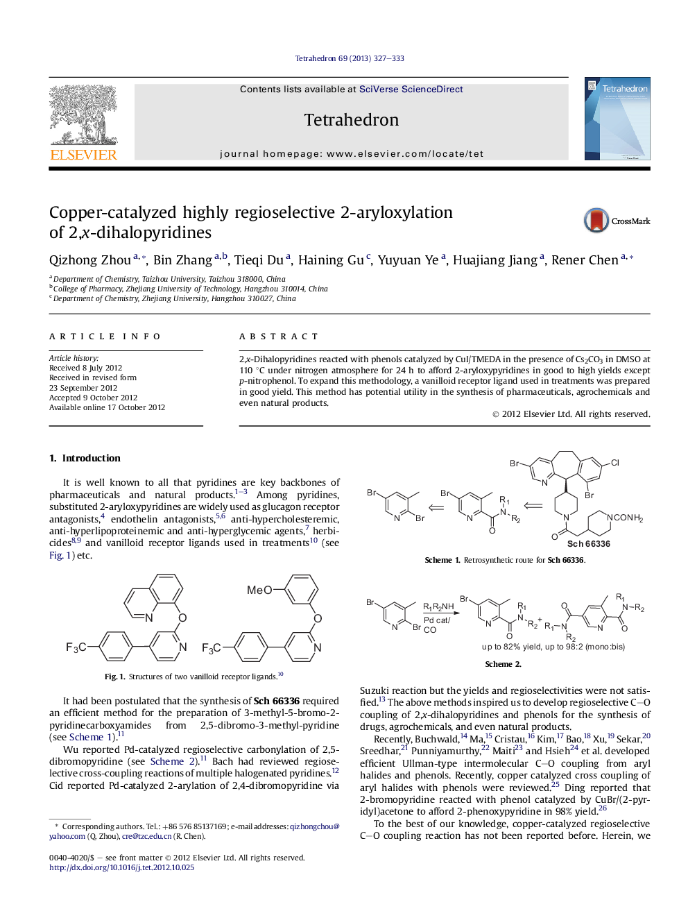 Copper-catalyzed highly regioselective 2-aryloxylation of 2,x-dihalopyridines