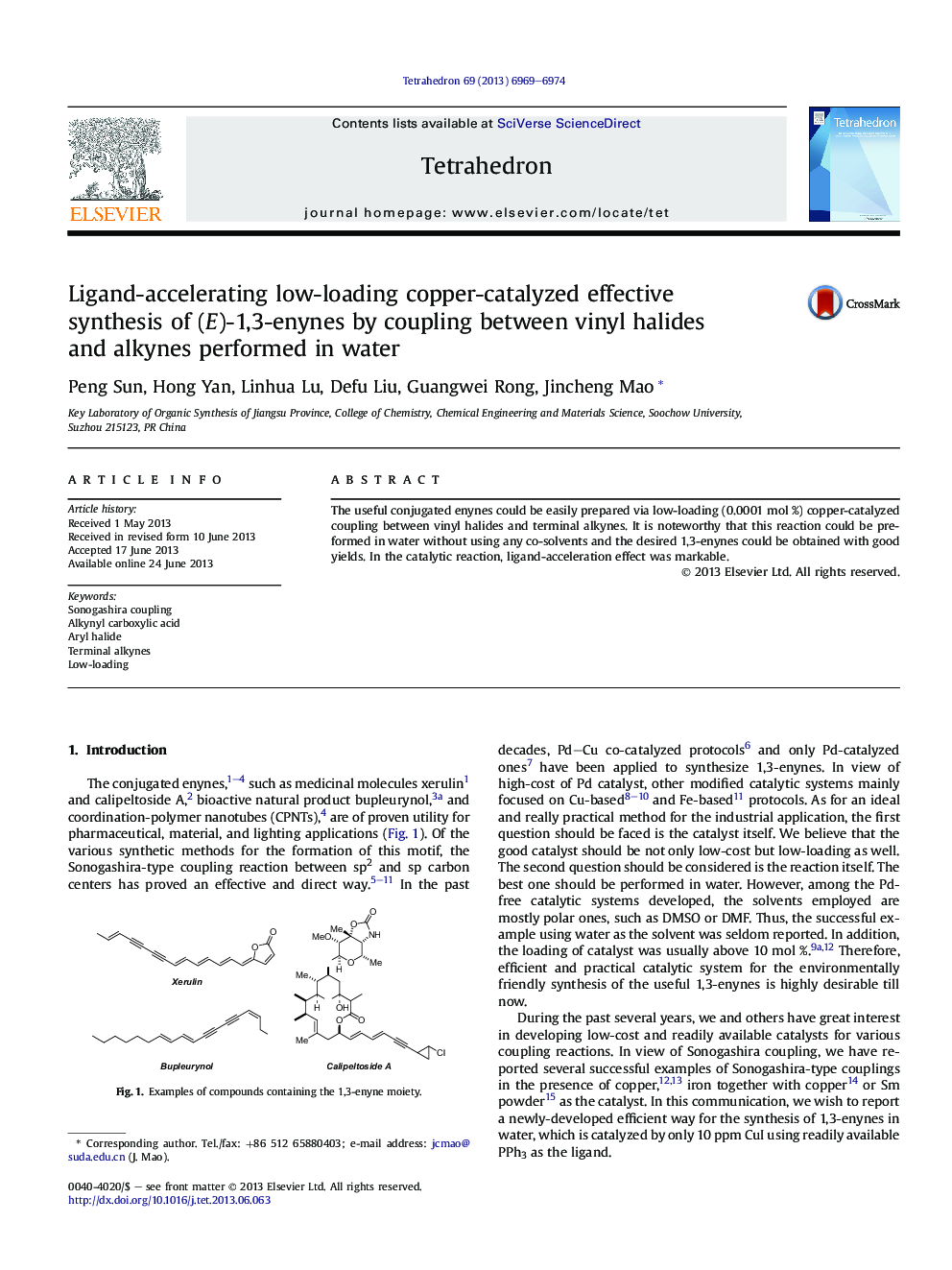 Ligand-accelerating low-loading copper-catalyzed effective synthesis of (E)-1,3-enynes by coupling between vinyl halides andÂ alkynes performed in water
