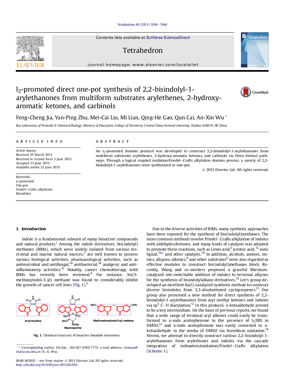 I2-promoted direct one-pot synthesis of 2,2-bisindolyl-1-arylethanones from multiform substrates arylethenes, 2-hydroxy-aromatic ketones, and carbinols