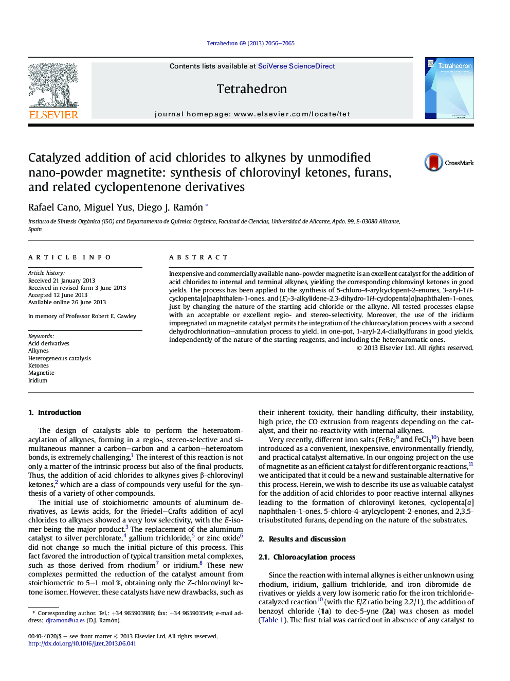 Catalyzed addition of acid chlorides to alkynes by unmodified nano-powder magnetite: synthesis of chlorovinyl ketones, furans, and related cyclopentenone derivatives