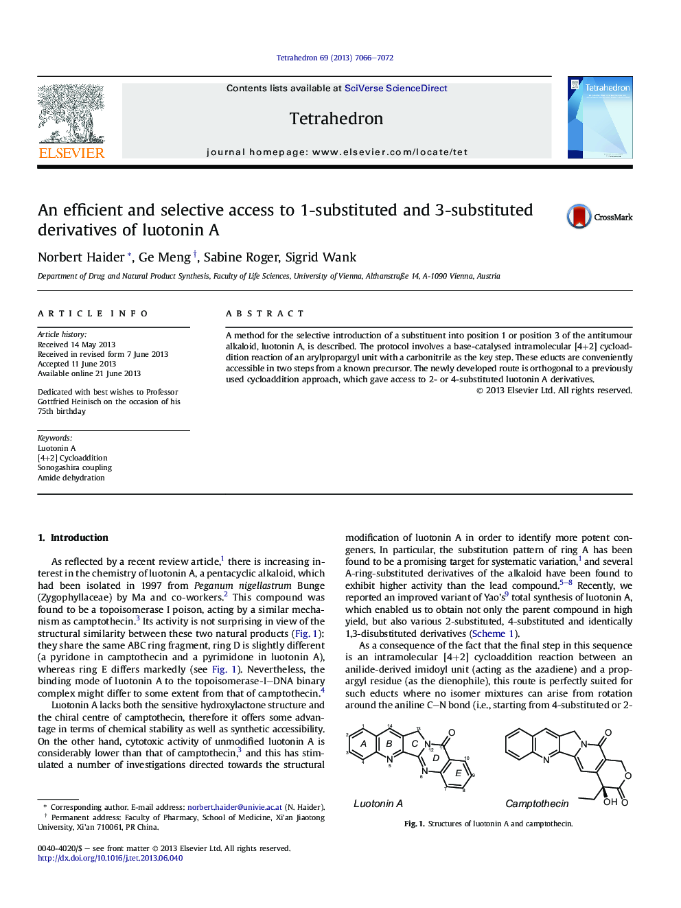 An efficient and selective access to 1-substituted and 3-substituted derivatives of luotonin A