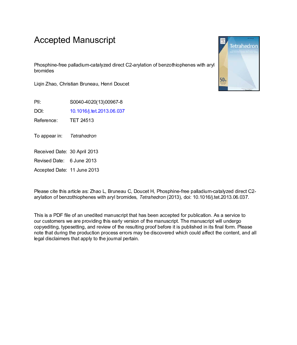 Phosphine-free palladium-catalysed direct C2-arylation of benzothiophenes with aryl bromides