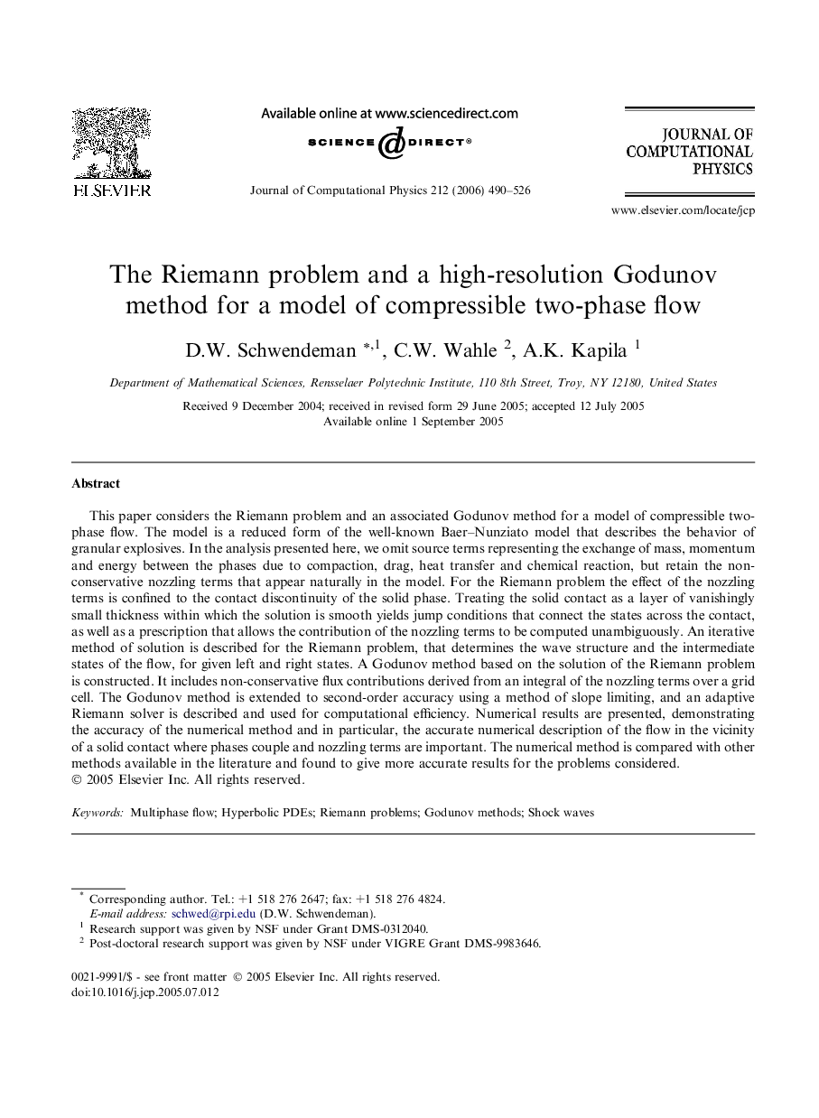 The Riemann problem and a high-resolution Godunov method for a model of compressible two-phase flow