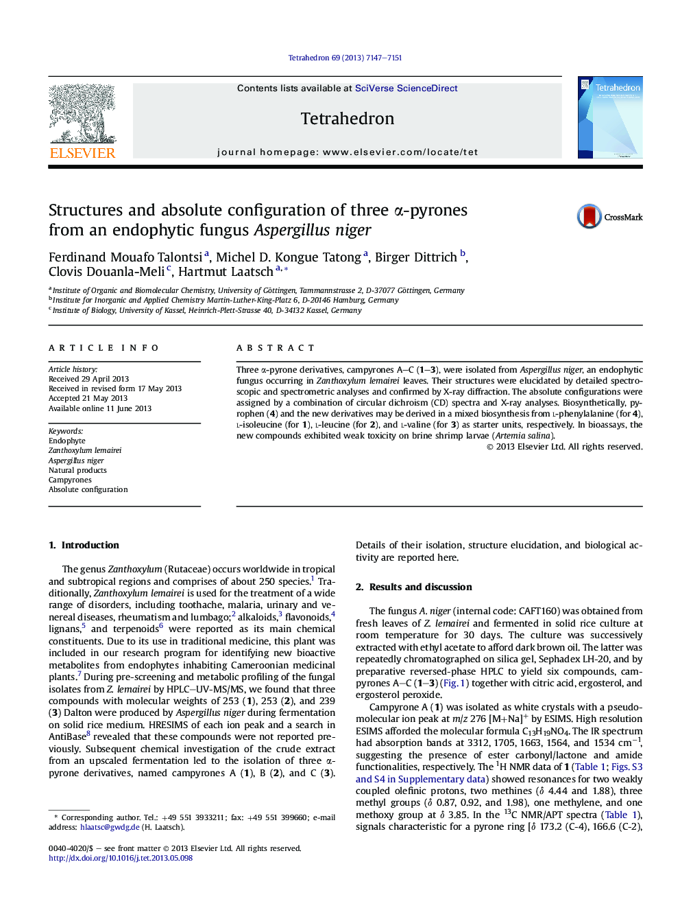 Structures and absolute configuration of three α-pyrones from an endophytic fungus Aspergillus niger