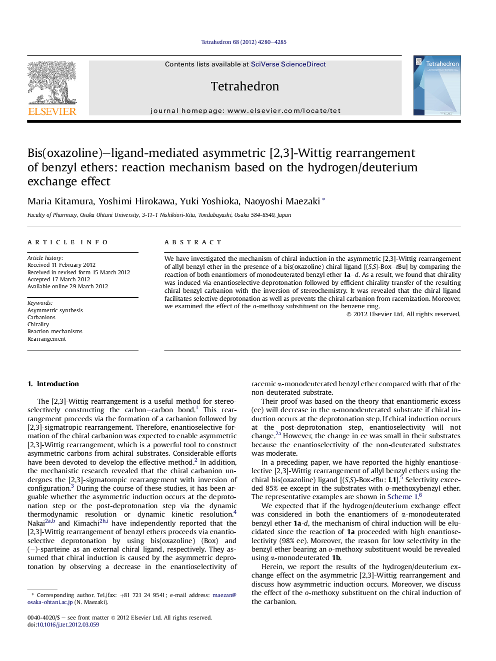 Bis(oxazoline)-ligand-mediated asymmetric [2,3]-Wittig rearrangement of benzyl ethers: reaction mechanism based on the hydrogen/deuterium exchange effect