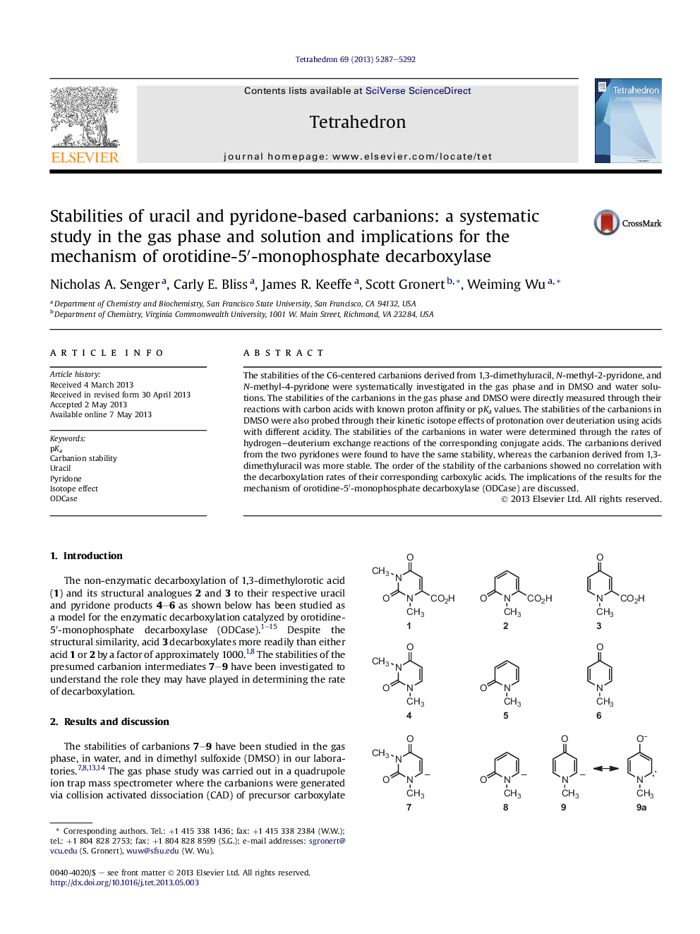 Stabilities of uracil and pyridone-based carbanions: a systematic study in the gas phase and solution and implications for the mechanism of orotidine-5â²-monophosphate decarboxylase