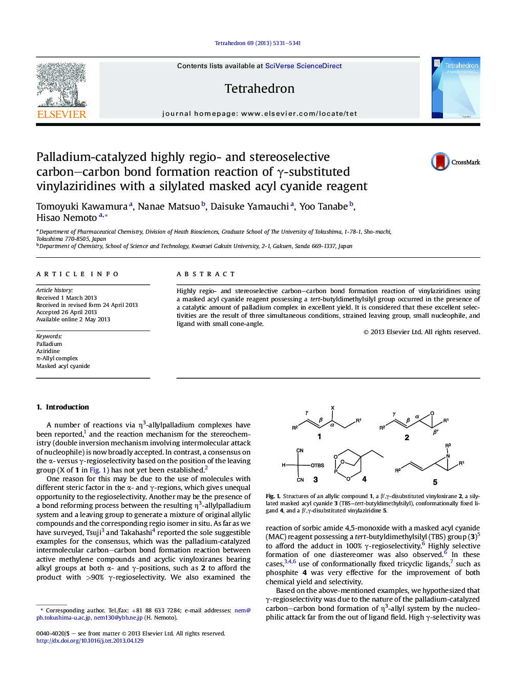 Palladium-catalyzed highly regio- and stereoselective carbon-carbon bond formation reaction of Î³-substituted vinylaziridines with a silylated masked acyl cyanide reagent