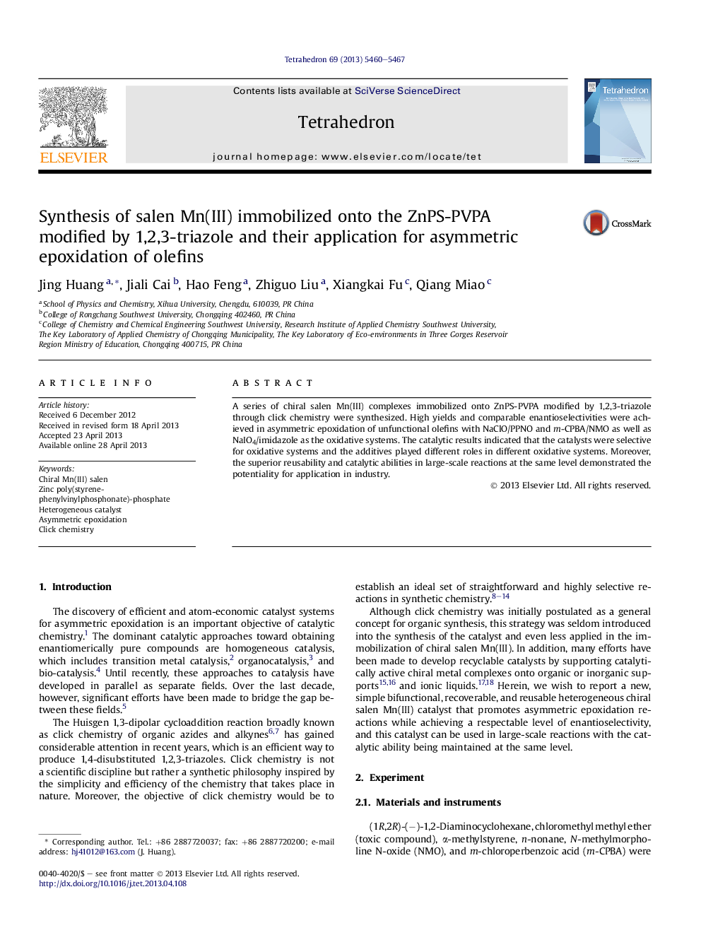 Synthesis of salen Mn(III) immobilized onto the ZnPS-PVPA modified by 1,2,3-triazole and their application for asymmetric epoxidation of olefins