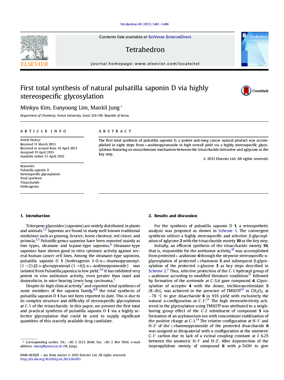 First total synthesis of natural pulsatilla saponin D via highly stereospecific glycosylation