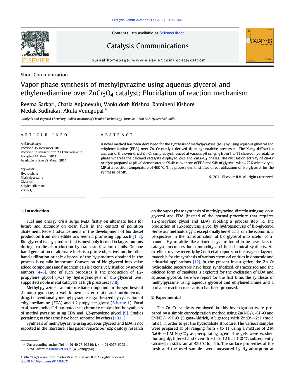 Vapor phase synthesis of methylpyrazine using aqueous glycerol and ethylenediamine over ZnCr2O4 catalyst: Elucidation of reaction mechanism