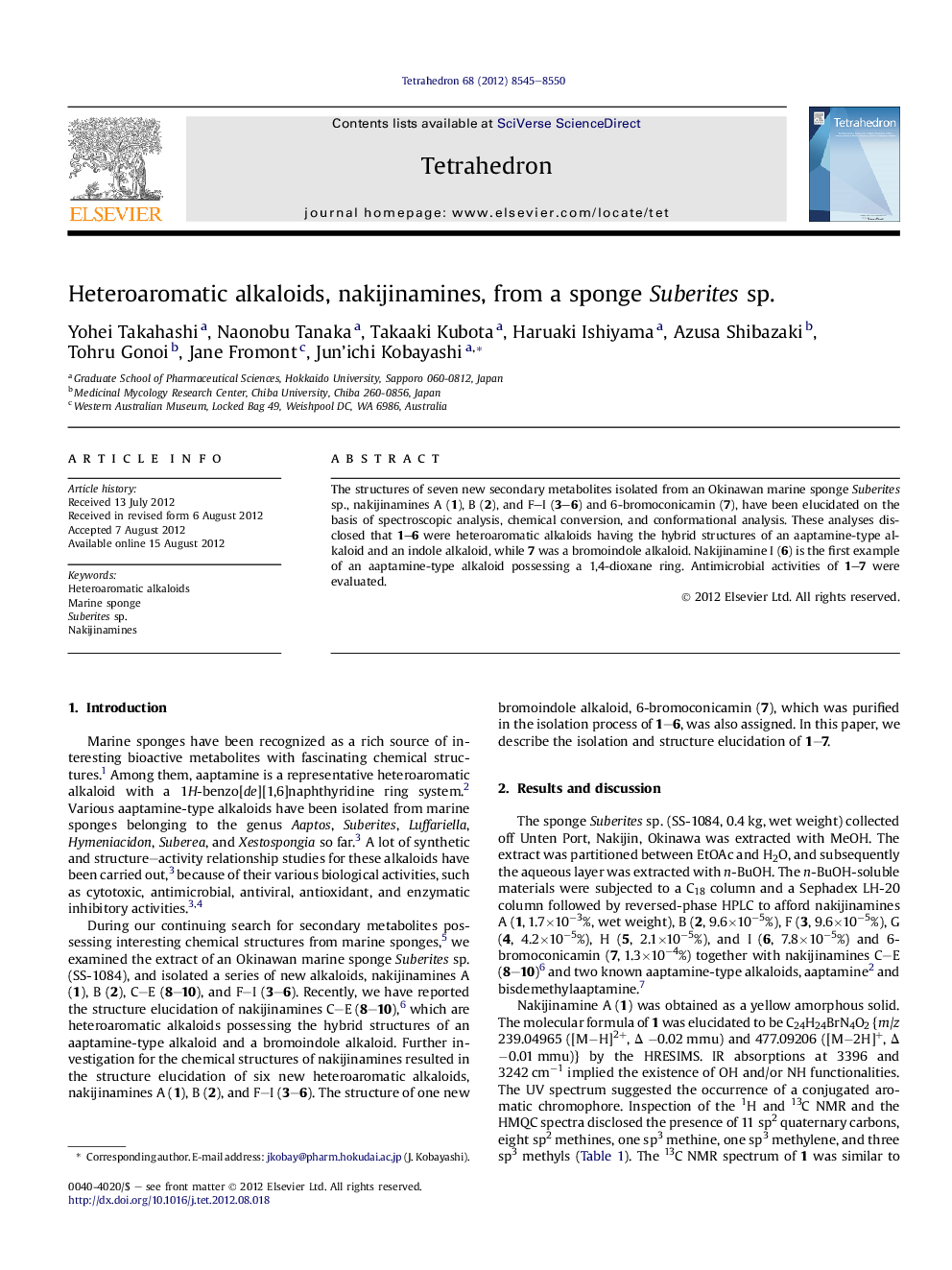 Heteroaromatic alkaloids, nakijinamines, from a sponge Suberites sp.