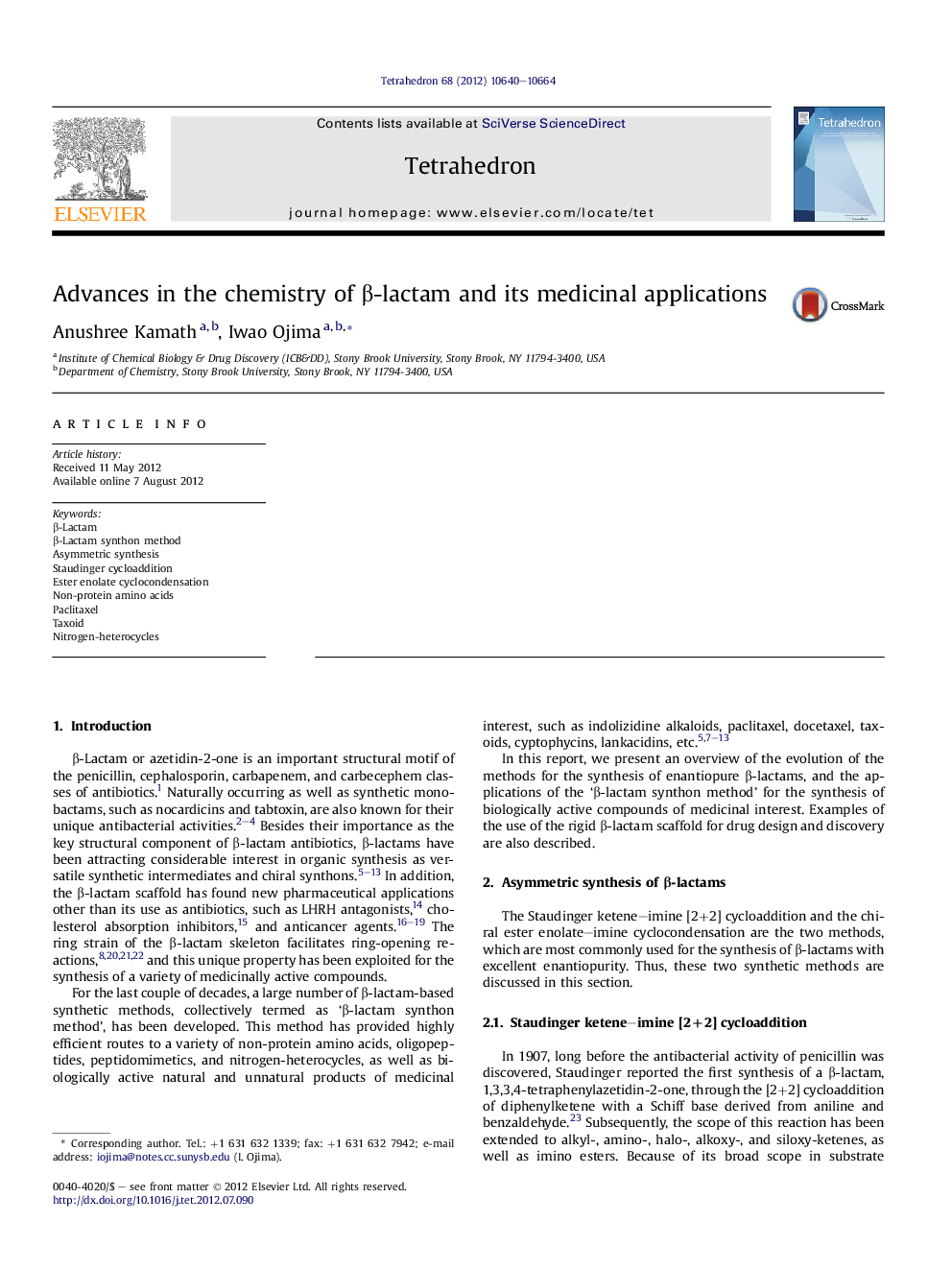 Advances in the chemistry of Î²-lactam and its medicinal applications