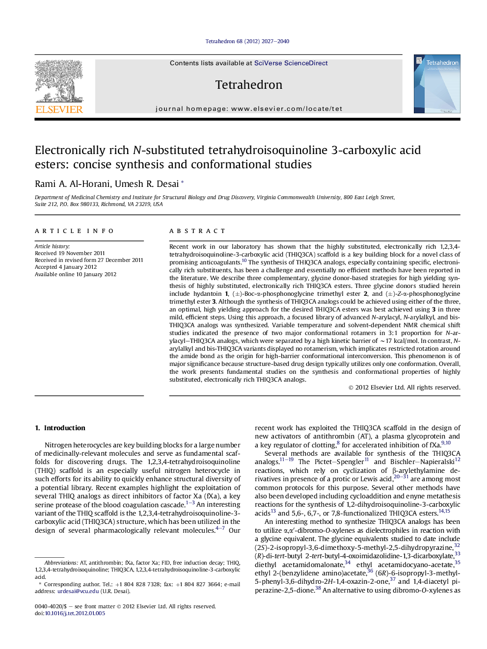 Electronically rich N-substituted tetrahydroisoquinoline 3-carboxylic acid esters:Â concise synthesis and conformational studies