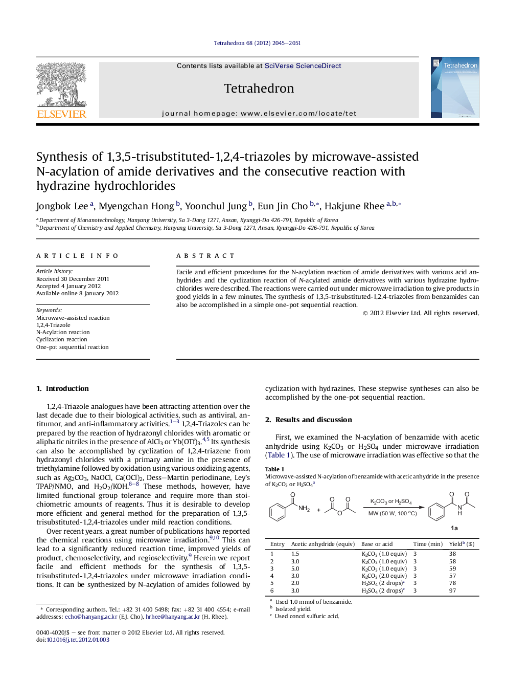 عکس صفحه اول مقاله: Synthesis of 1,3,5-trisubstituted-1,2,4-triazoles by microwave-assisted N-acylation of amide derivatives and the consecutive reaction with hydrazine hydrochlorides Synthesis of 1,3,5-trisubstituted-1,2,4-triazoles by microwave-assisted N-acylation of amide derivatives and the consecutive reaction with hydrazine hydrochlorides