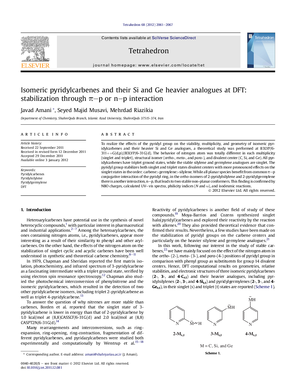 Isomeric pyridylcarbenes and their Si and Ge heavier analogues at DFT: stabilization through Ï-p or n-p interaction