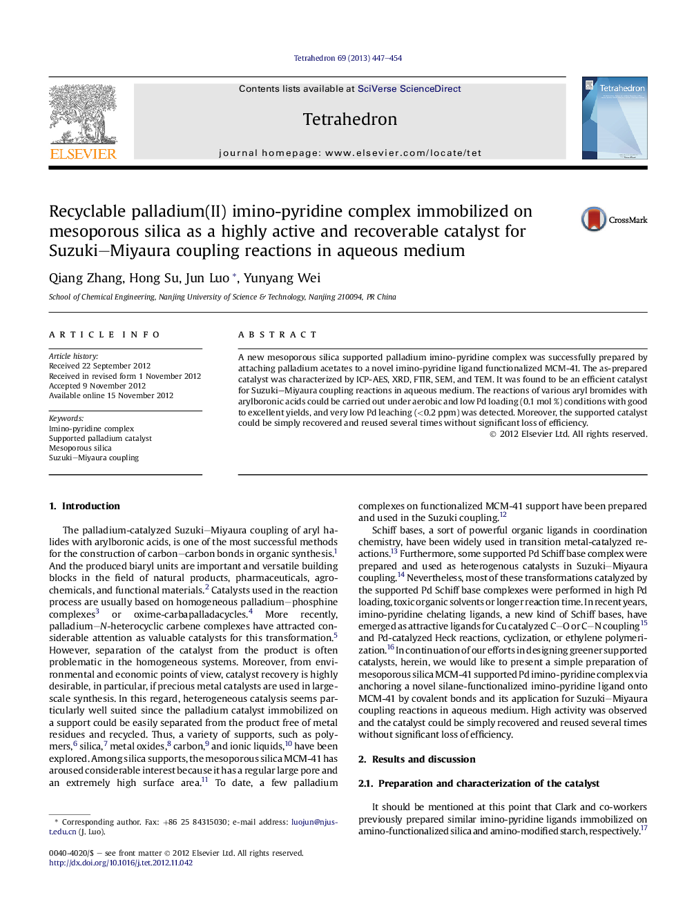 Recyclable palladium(II) imino-pyridine complex immobilized on mesoporous silica as a highly active and recoverable catalyst for Suzuki-Miyaura coupling reactions in aqueous medium