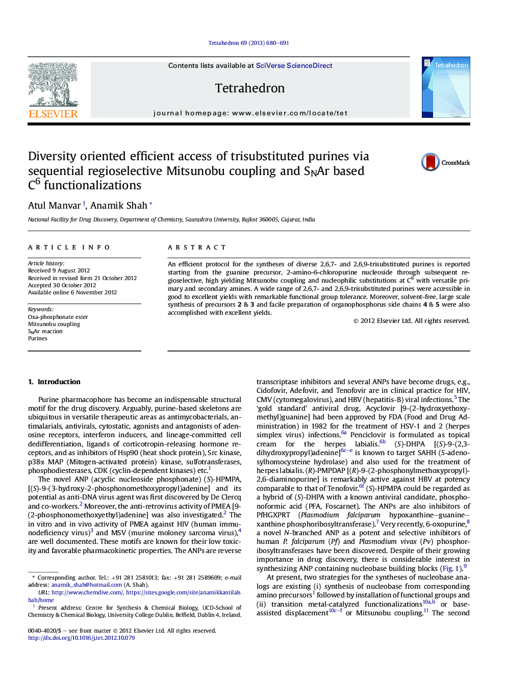 Diversity oriented efficient access of trisubstituted purines via sequential regioselective Mitsunobu coupling and SNAr based C6 functionalizations