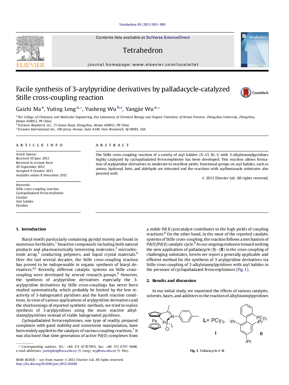 Facile synthesis of 3-arylpyridine derivatives by palladacycle-catalyzed Stille cross-coupling reaction