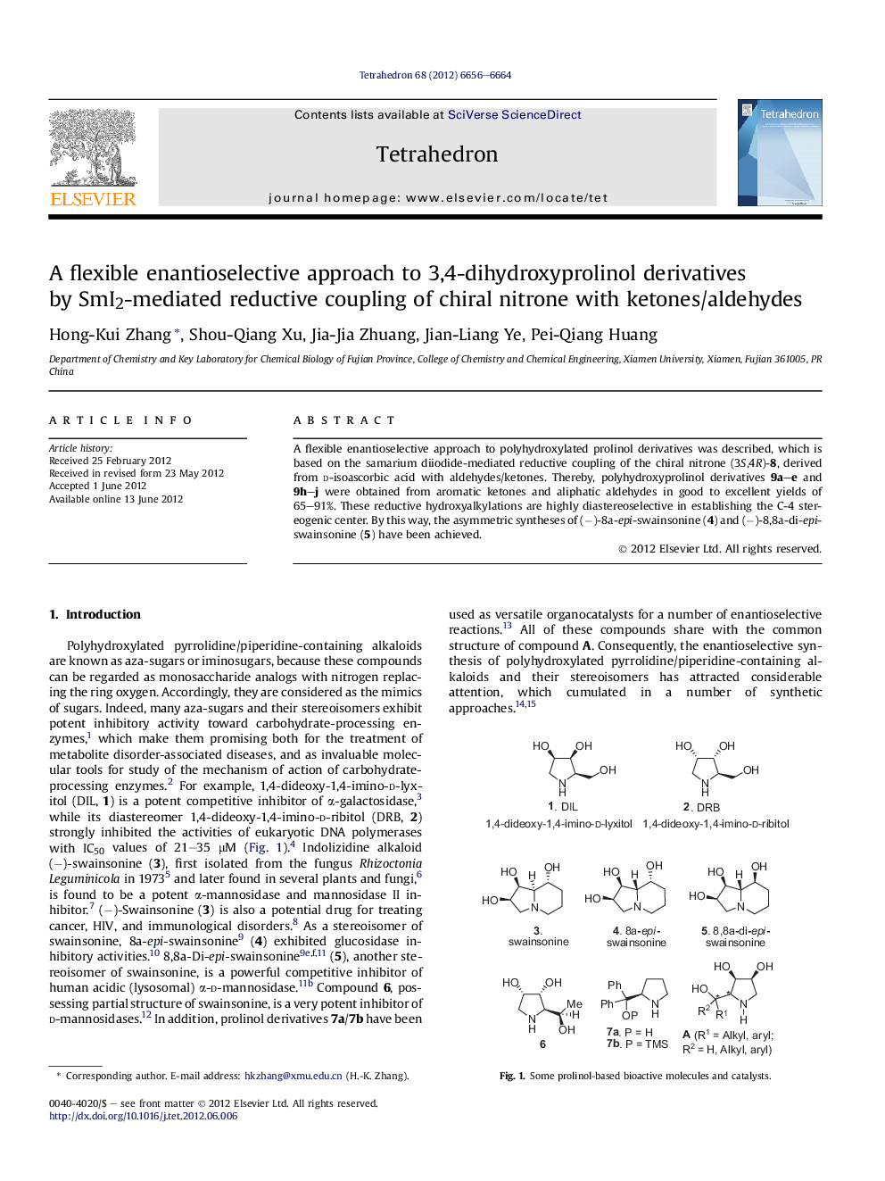 A flexible enantioselective approach to 3,4-dihydroxyprolinol derivatives by SmI2-mediated reductive coupling of chiral nitrone with ketones/aldehydes