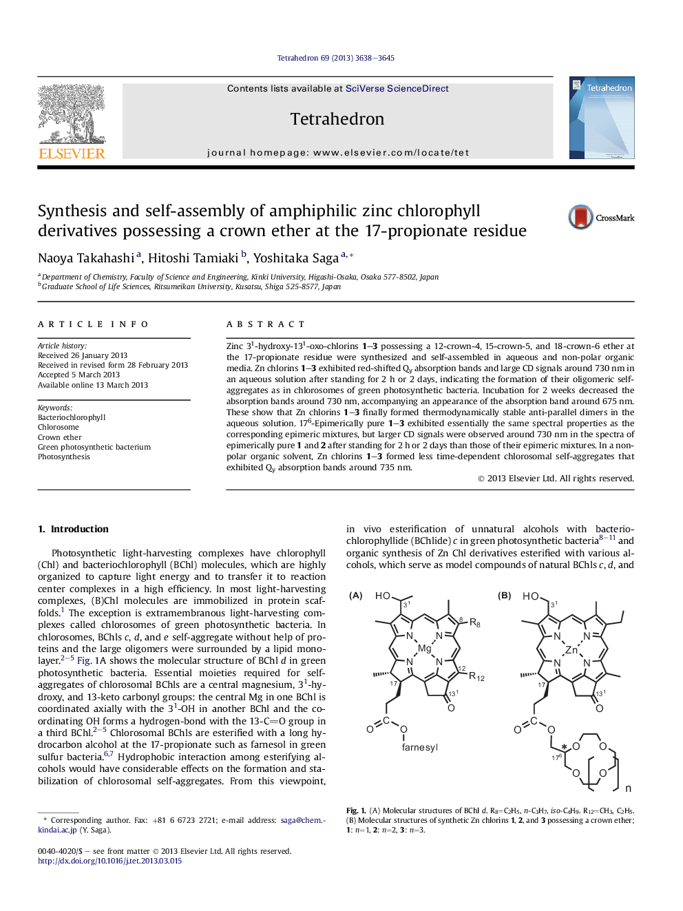 Synthesis and self-assembly of amphiphilic zinc chlorophyll derivatives possessing a crown ether at the 17-propionate residue