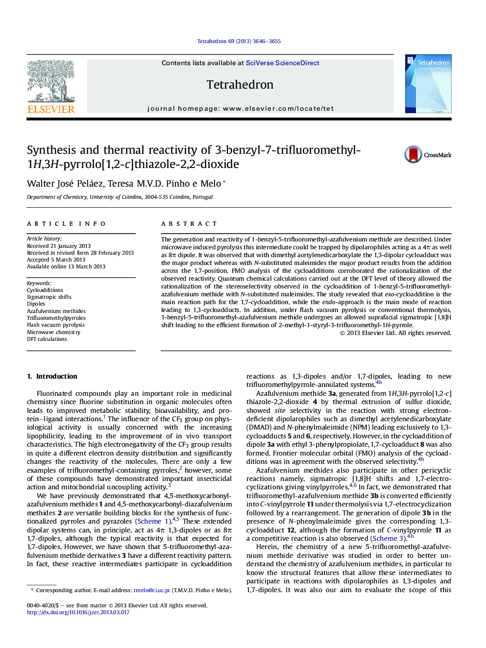 Synthesis and thermal reactivity of 3-benzyl-7-trifluoromethyl-1H,3H-pyrrolo[1,2-c]thiazole-2,2-dioxide