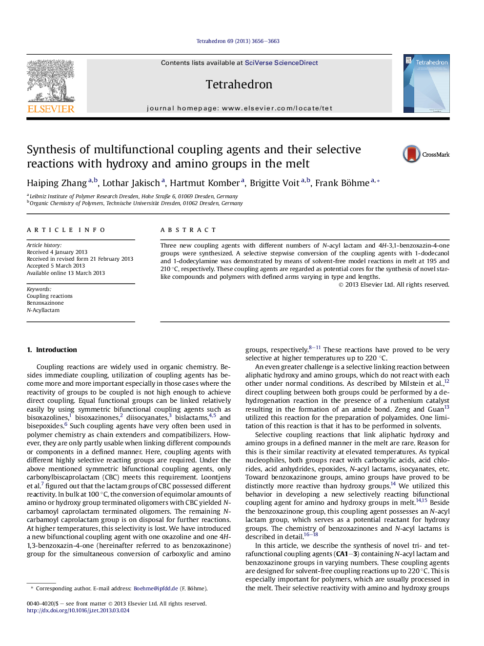 Synthesis of multifunctional coupling agents and their selective reactions with hydroxy and amino groups in the melt