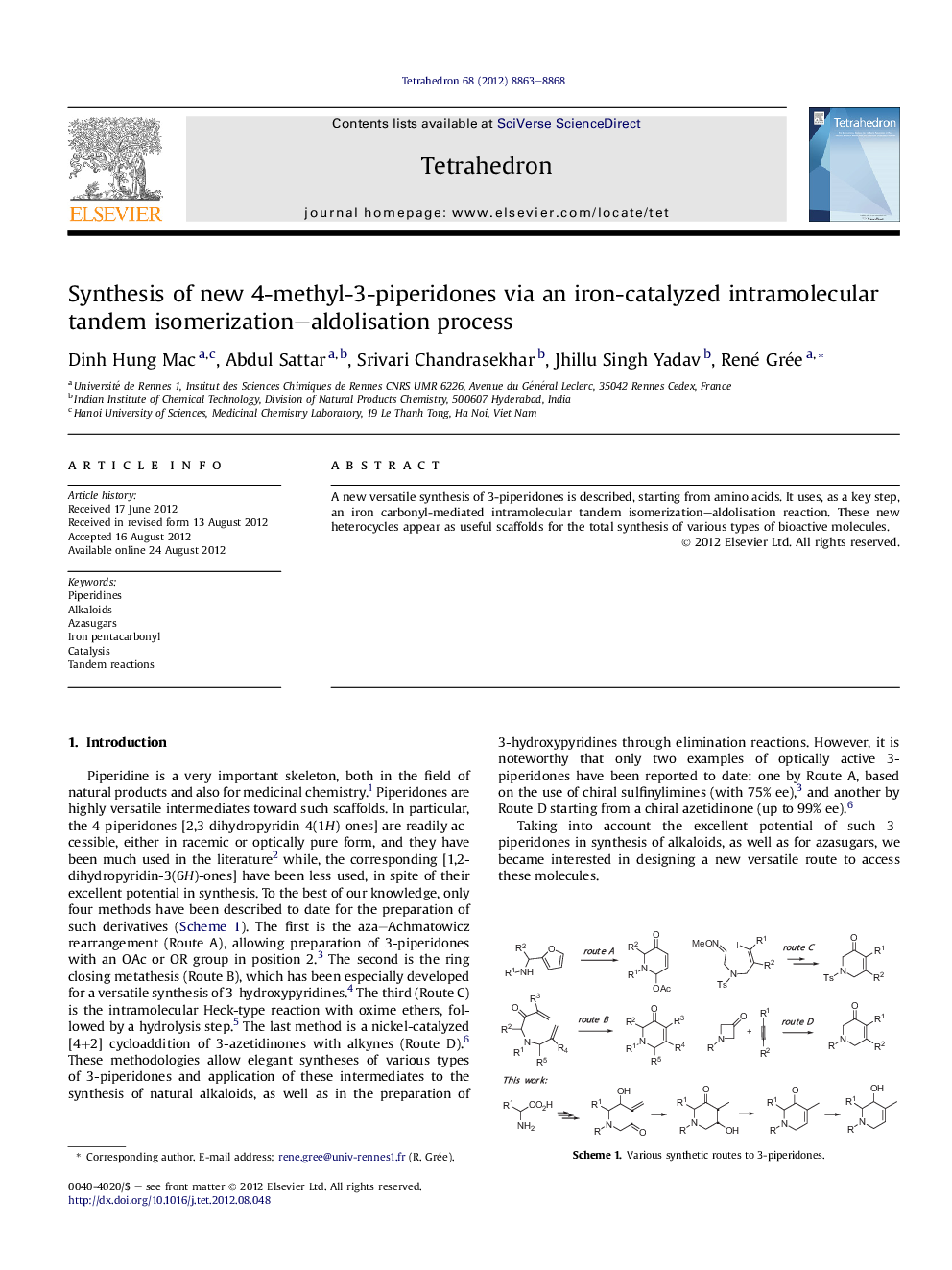 Synthesis of new 4-methyl-3-piperidones via an iron-catalyzed intramolecular tandem isomerization-aldolisation process