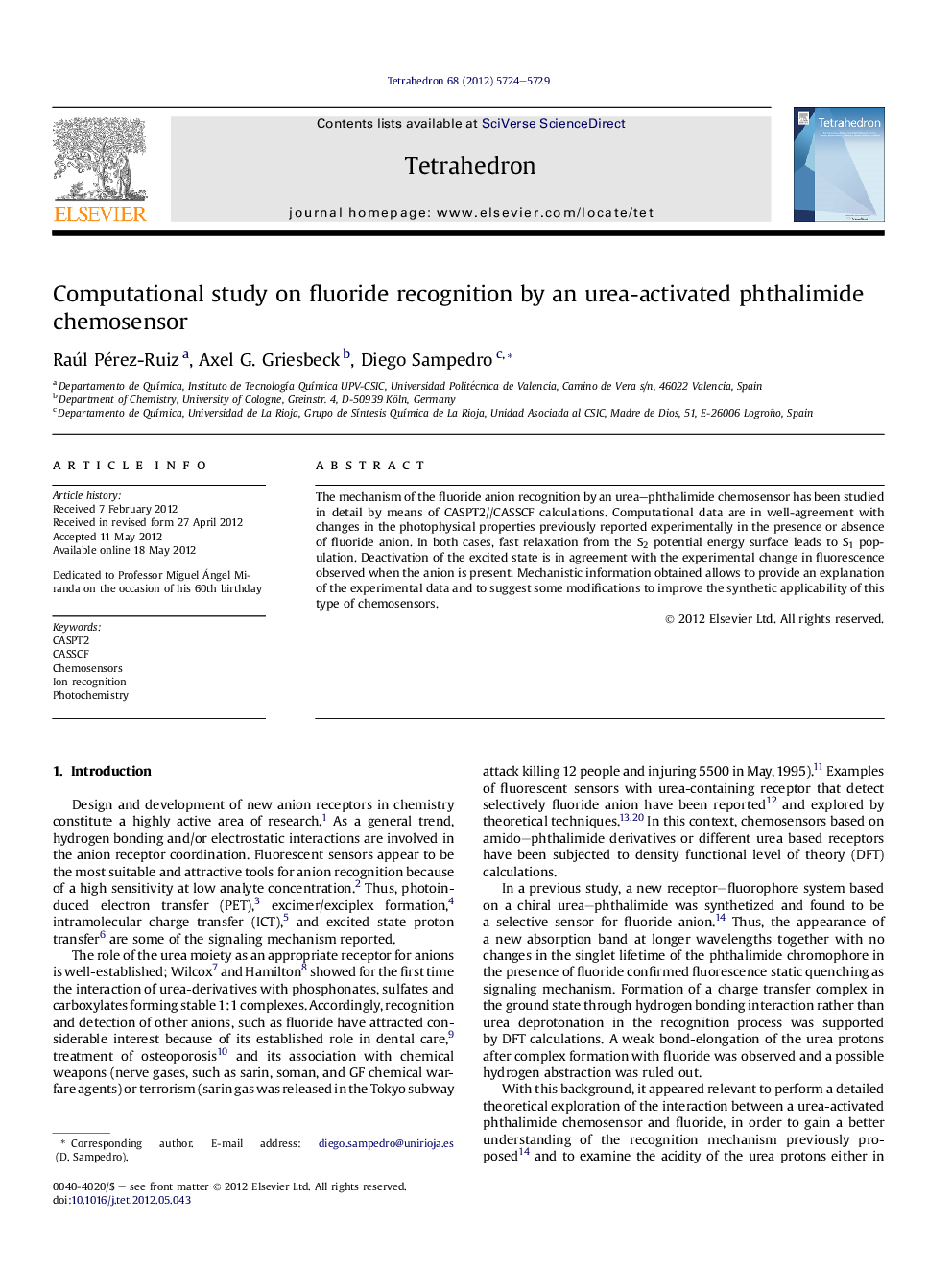 عکس صفحه اول مقاله: Computational study on fluoride recognition by an urea-activated phthalimide chemosensor Computational study on fluoride recognition by an urea-activated phthalimide chemosensor