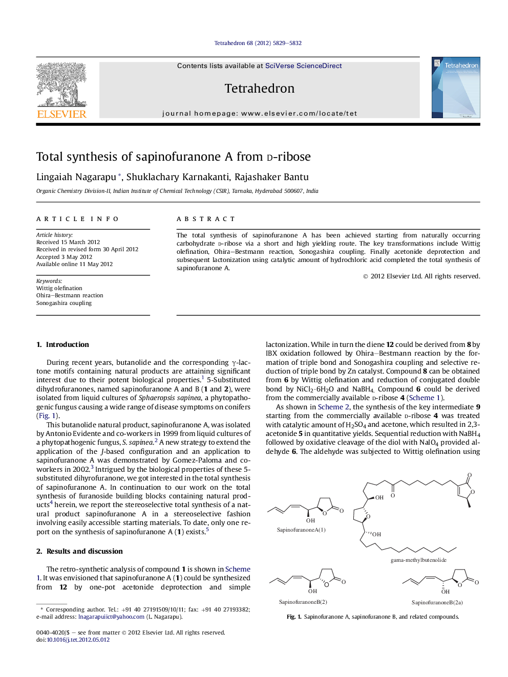 Total synthesis of sapinofuranone A from d-ribose