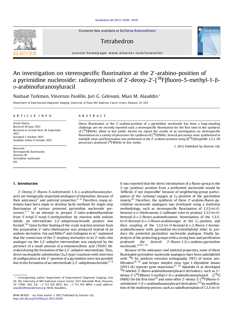 An investigation on stereospecific fluorination at the 2â²-arabino-position of a pyrimidine nucleoside: radiosynthesis of 2â²-deoxy-2â²-[18F]fluoro-5-methyl-1-Î²-d-arabinofuranosyluracil