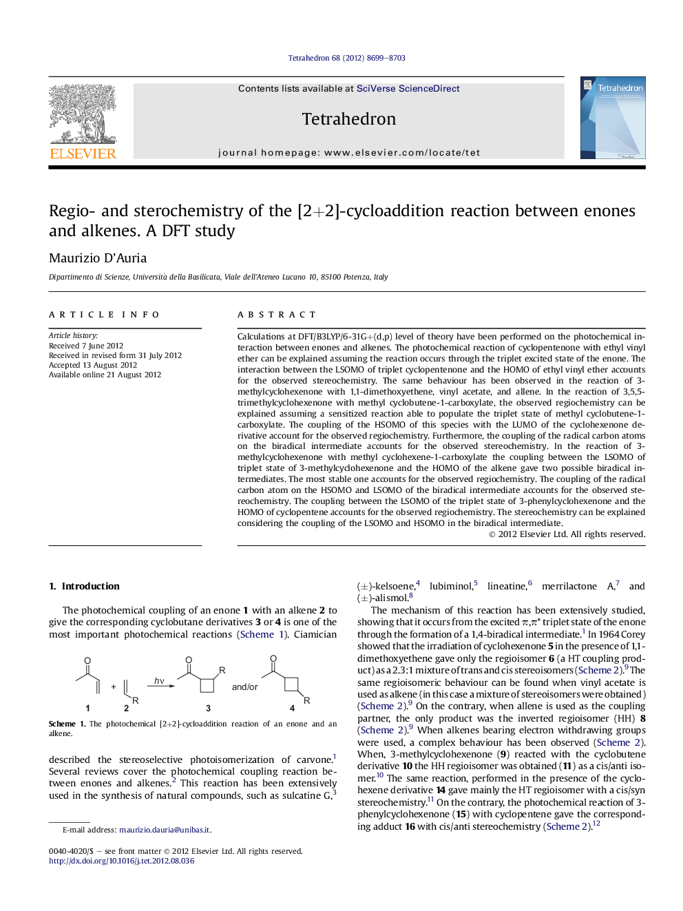 Regio- and sterochemistry of the [2+2]-cycloaddition reaction between enones and alkenes. A DFT study