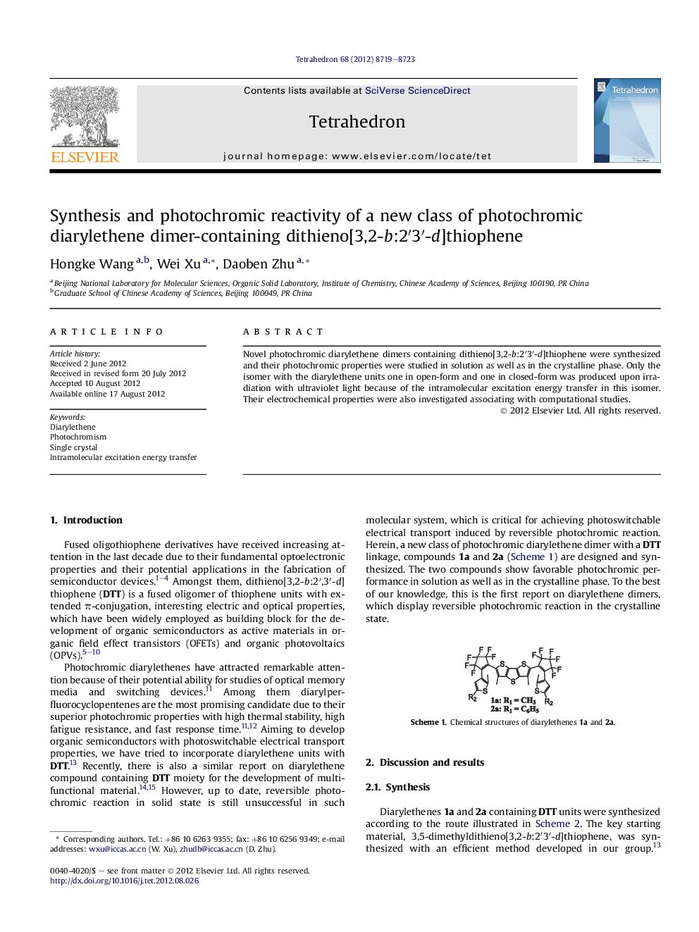 Synthesis and photochromic reactivity of a new class of photochromic diarylethene dimer-containing dithieno[3,2-b:2′3′-d]thiophene