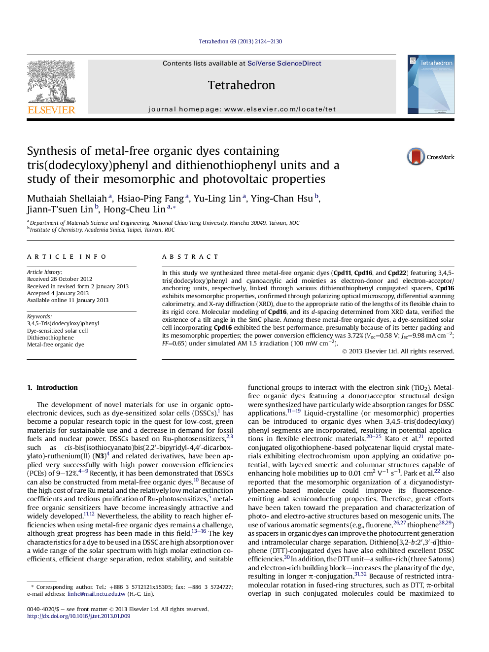 Synthesis of metal-free organic dyes containing tris(dodecyloxy)phenyl and dithienothiophenyl units and a study of their mesomorphic and photovoltaic properties