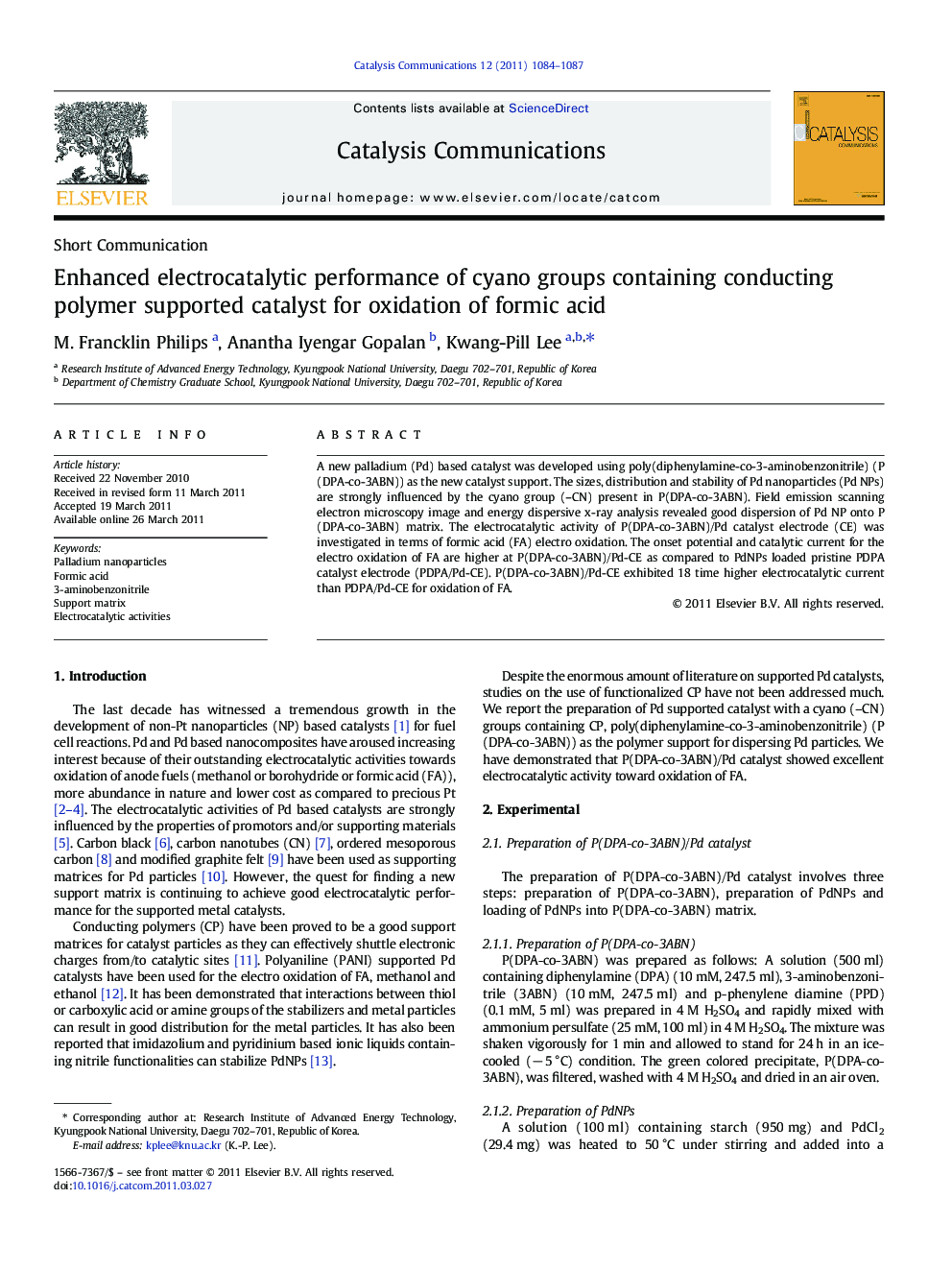 Enhanced electrocatalytic performance of cyano groups containing conducting polymer supported catalyst for oxidation of formic acid