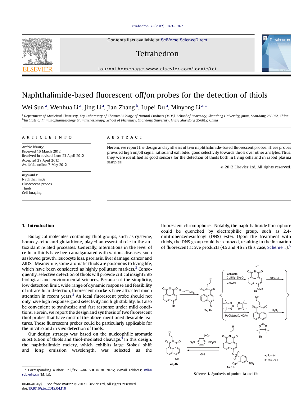 عکس صفحه اول مقاله: Naphthalimide-based fluorescent off/on probes for the detection of thiols Naphthalimide-based fluorescent off/on probes for the detection of thiols