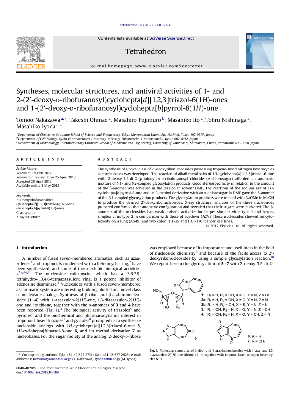 Syntheses, molecular structures, and antiviral activities of 1- and 2-(2′-deoxy-d-ribofuranosyl)cyclohepta[d][1,2,3]triazol-6(1H)-ones and 1-(2′-deoxy-d-ribofuranosyl)cyclohepta[b]pyrrol-8(1H)-one