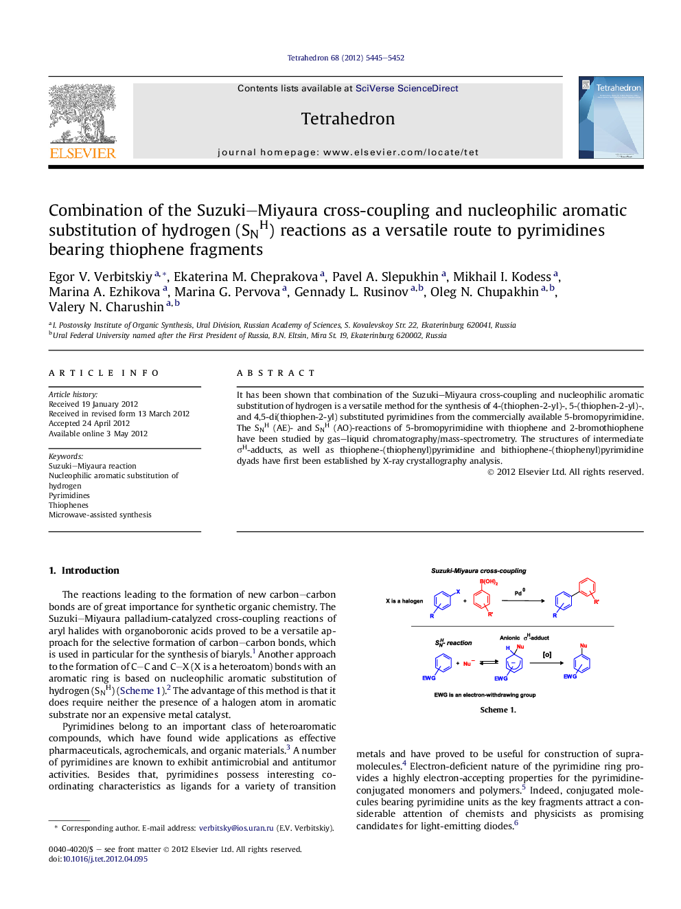 عکس صفحه اول مقاله: Combination of the Suzuki–Miyaura cross-coupling and nucleophilic aromatic substitution of hydrogen (HSNSNH) reactions as a versatile route to pyrimidines bearing thiophene fragments Combination of the Suzuki–Miyaura cross-coupling and nucleophilic aromatic substitution of hydrogen (HSNSNH) reactions as a versatile route to pyrimidines bearing thiophene fragments