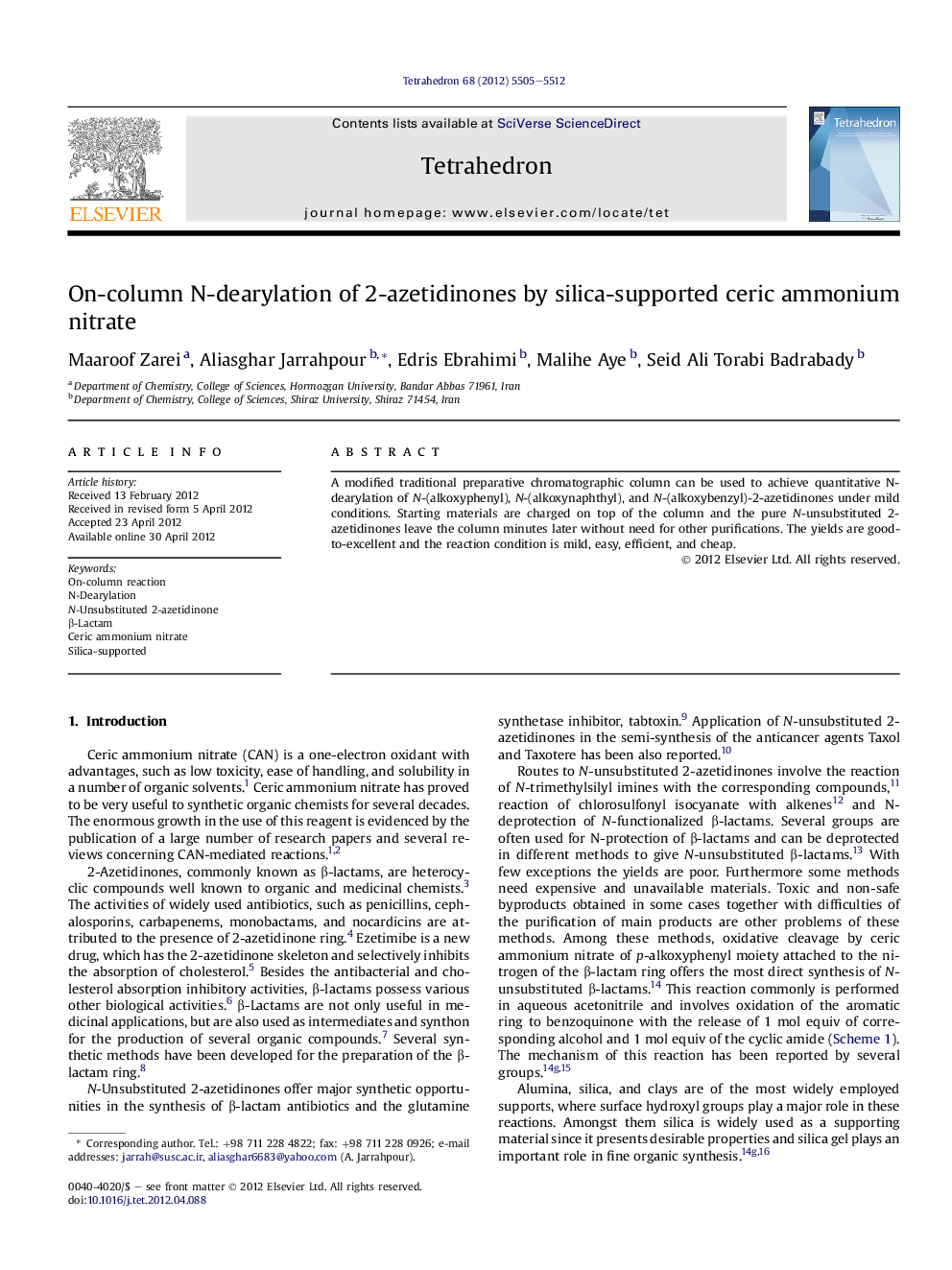 On-column N-dearylation of 2-azetidinones by silica-supported ceric ammonium nitrate