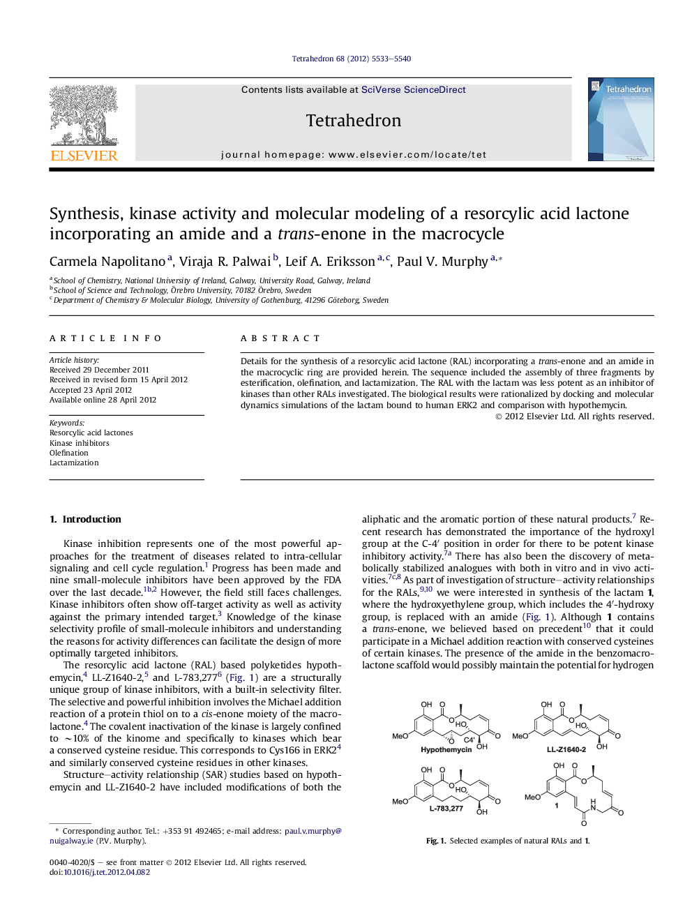 Synthesis, kinase activity and molecular modeling of a resorcylic acid lactone incorporating an amide and a trans-enone in the macrocycle