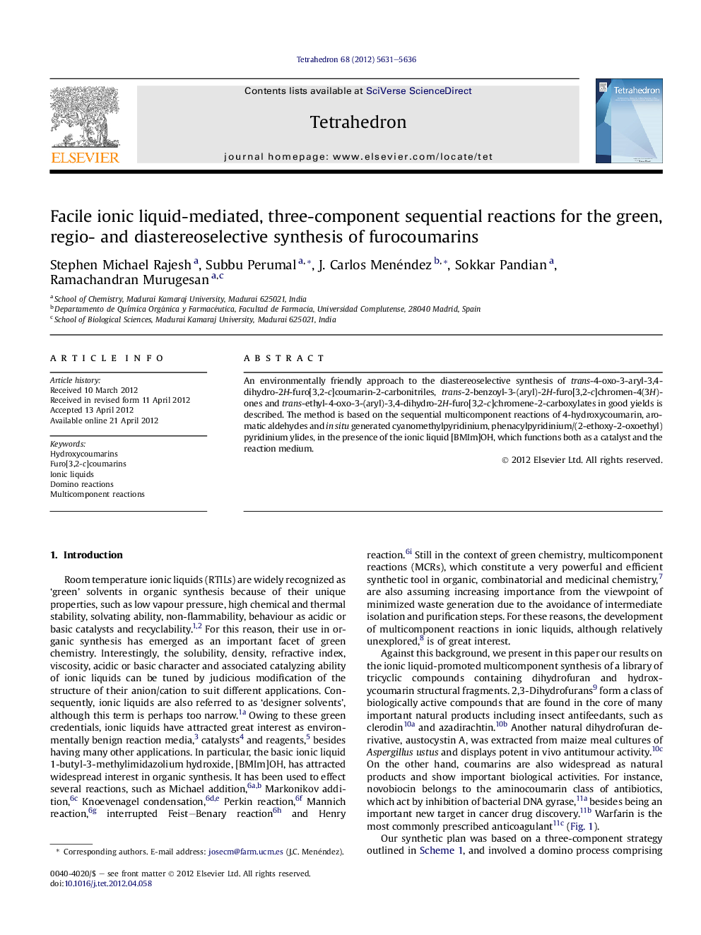 عکس صفحه اول مقاله: Facile ionic liquid-mediated, three-component sequential reactions for the green, regio- and diastereoselective synthesis of furocoumarins Facile ionic liquid-mediated, three-component sequential reactions for the green, regio- and diastereoselective synthesis of furocoumarins